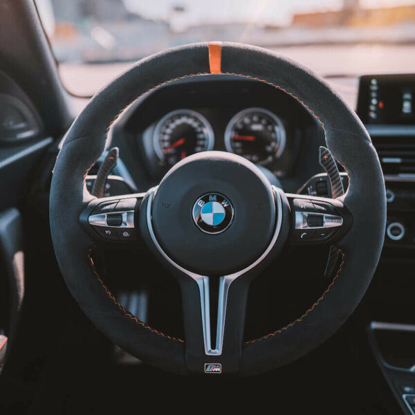 BMW carbon fiber paddle shifters individual orange color alcantara steering wheel