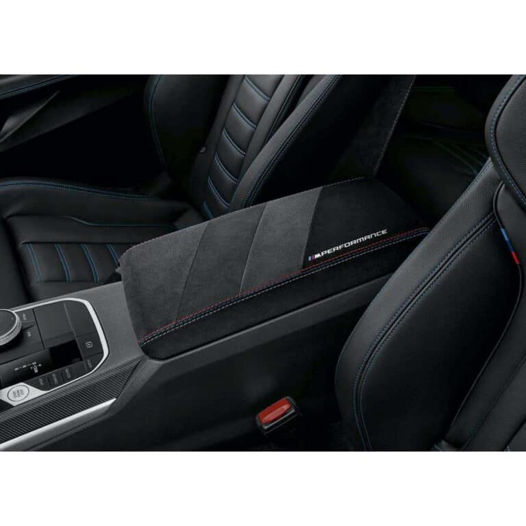 paddleshifterz oem bmw m performance alcantara armrest installed in a BMW