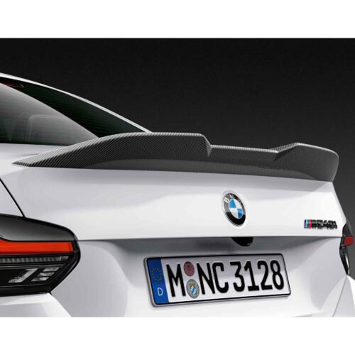 OEM BMW M performance carbon fiber rear spoiler 51195A36950 for BMW 2 series G42 and G87 M2 installed on a G42 M240i