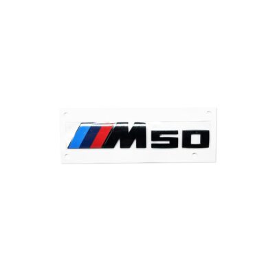 PaddleShifterz Original BMW M50 black badge for BMW G26 i4 models, photographed from a top view showing the M50 logo in black
