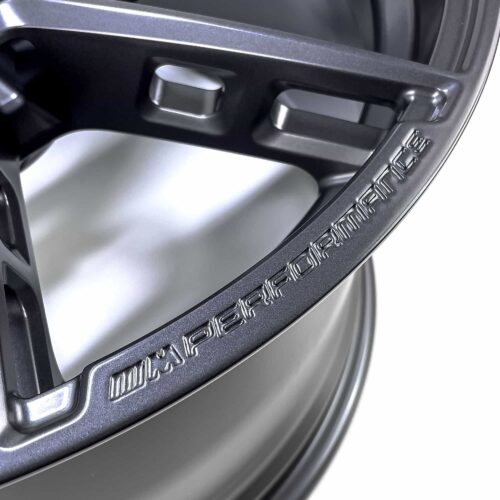 OEM BMW Forged 963M Frozen Gunmetal front - 36108746989 close up photo showing the M Performance logo