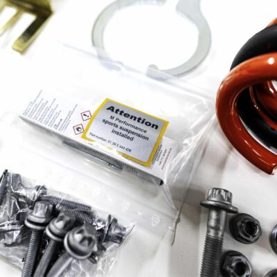 Nahaufnahme der Schrauben und Zubehörteile des OEM BMW M Performance Tieferlegungssatzes - 31305A2D979