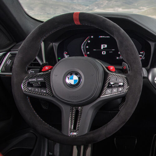 OEM BMW Alcantara steering wheel showing G80 M3 CS, G82 M4 CSL fitted in vehicle 32307874035