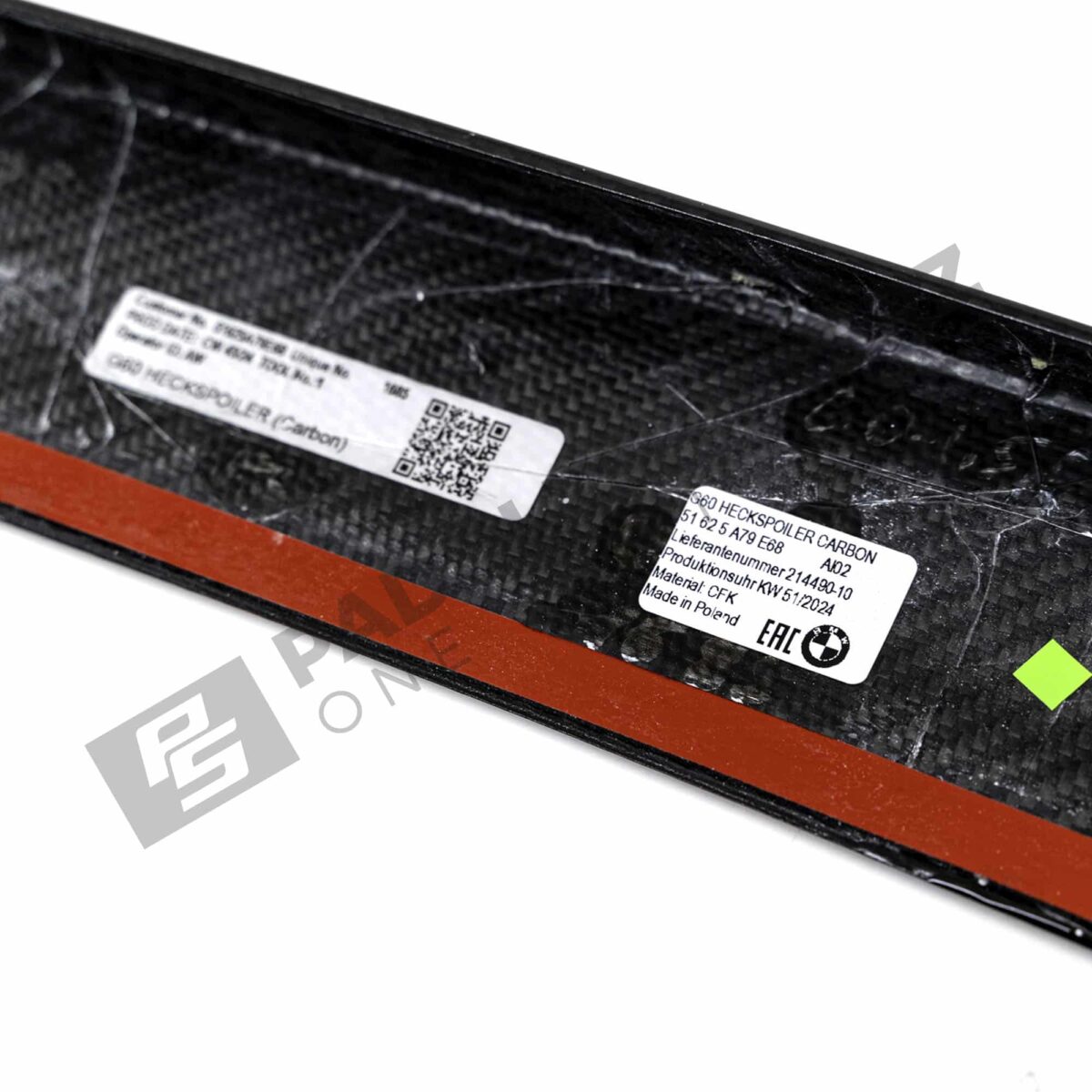 Close up of the labels on OEM BMW M Performance Carbon fiber spoiler G60 - 51625A79E68