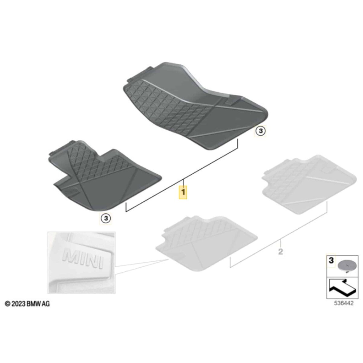 OEM MINI Fußmatten für U25, vorne - 51475A2DA79, 51475A2DA77
