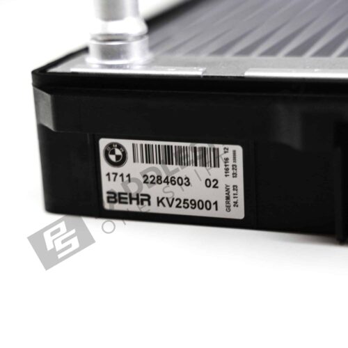 Close up view of OEM BMW F80, F82, F83, F87 coolant radiator, left side - 17112284603
