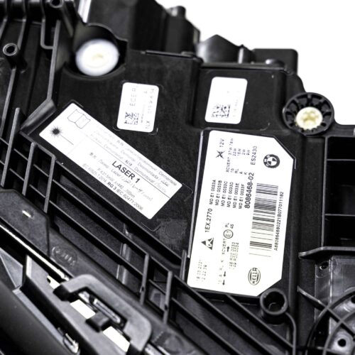 OEM BMW F90 M5 CS laser headlight, for right hand drive vehicles, right side showing the labels close up