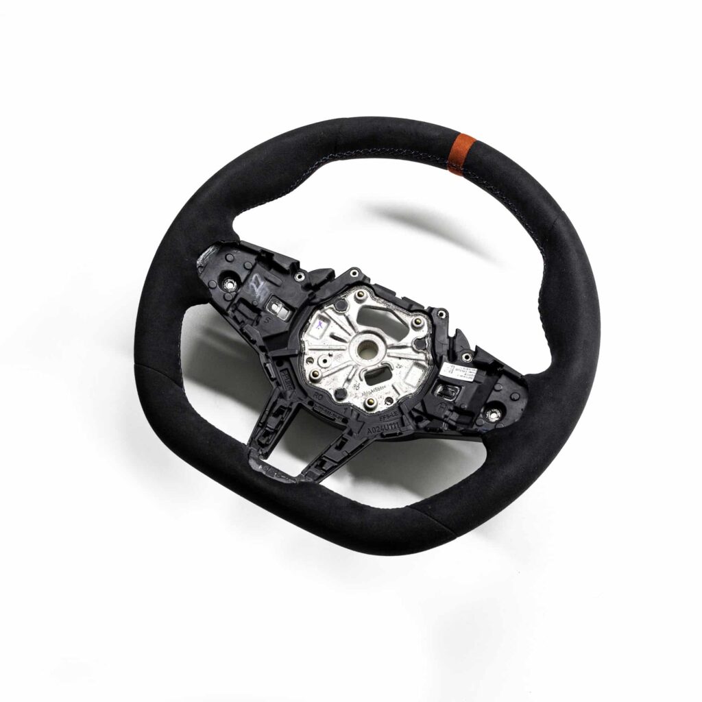 bmw flat bottom steering wheel in alcantara with red striping