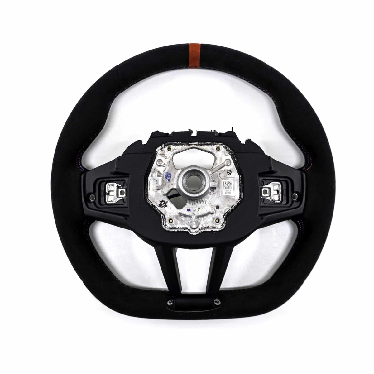 Rear view of the OEM BMW M4 Flat bottom alcantara steering wheel, 32307908500
