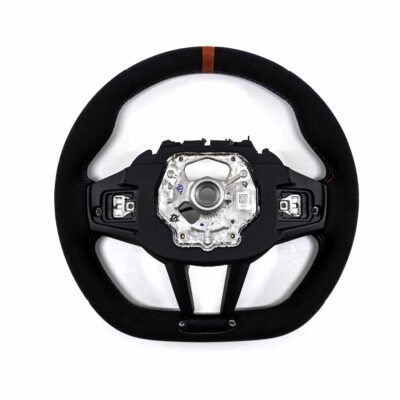 Rear view of the OEM BMW M4 Flat bottom alcantara steering wheel, 32307908500