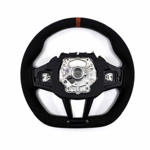 Rear view of the OEM BMW M4 Flat bottom alcantara steering wheel, 32307908500