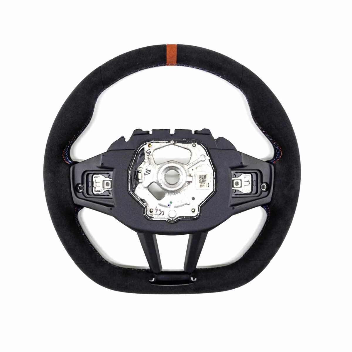 Top view of the OEM BMW M4 Flat bottom leather steering wheel, 32307908501