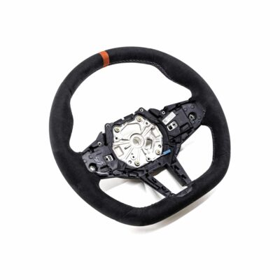 Three quarter view of the OEM BMW M4 Flat bottom alcantara steering wheel, 32307908501