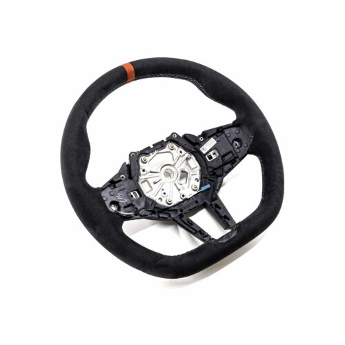 Three quarter view of the OEM BMW M4 Flat bottom alcantara steering wheel, 32307908501