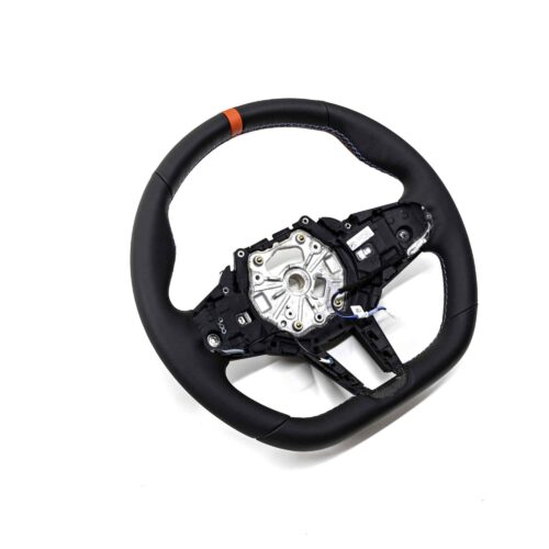 Three quarter view of the OEM BMW M4 Flat bottom leather steering wheel, 32305A8A906