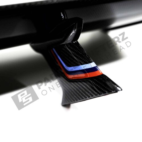 OEM BMW M Performance Carbon fiber wing, F82 - 51192409319 close up feet with m stripes left