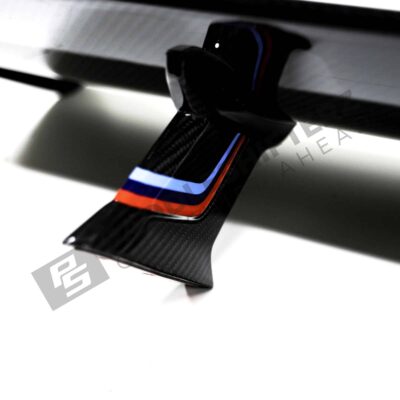 OEM BMW M Performance Carbon fiber wing, F82 - 51192409319 close up feet with m stripes left