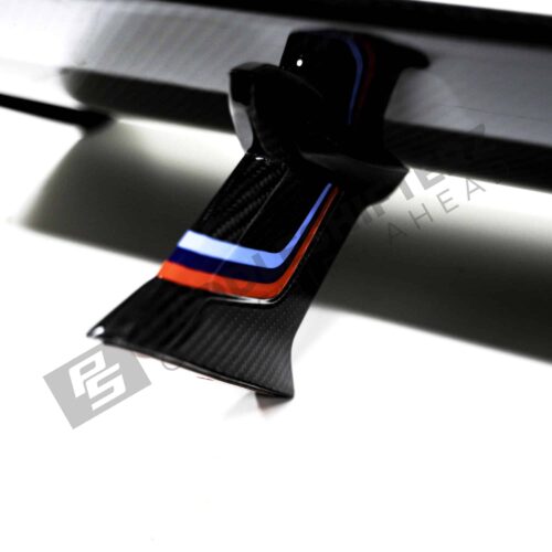 OEM BMW M Performance Carbon fiber wing, F82 - 51192409319 close up feet with m stripes left