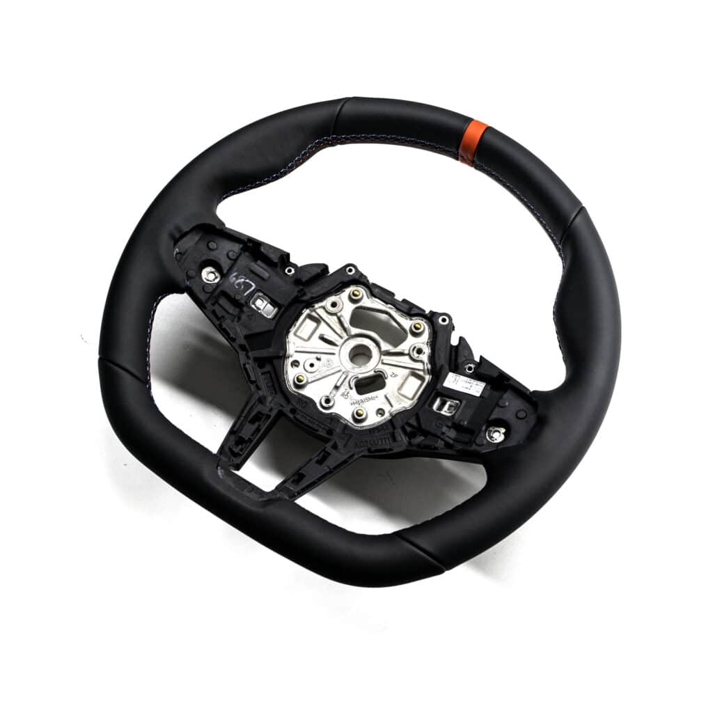 Genuine BMW M Sport Leather steering wheel from the BMW G82 M4 LCI model with red 12 o'clock striping and M colored stitching