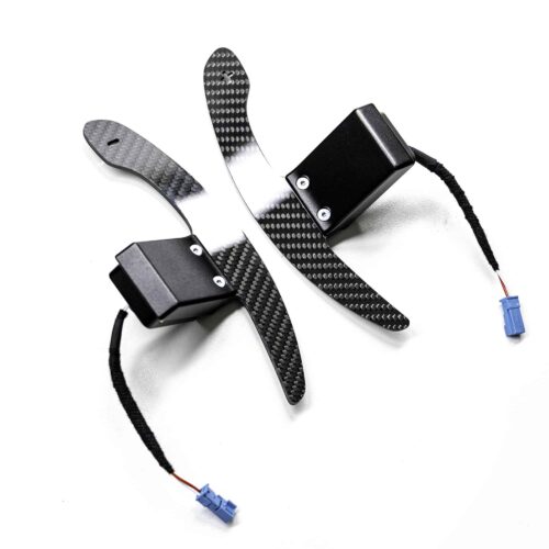 PaddleShifterz Magnetic gloss carbon fiber paddle shifters for BMW F series photographed from the rear, showing the carbon weaves