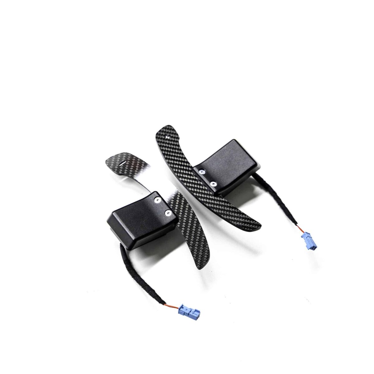 PaddleShifterz Magnetic Gloss carbon fiber paddle shifters for MINI photographed from the bottom on a white table