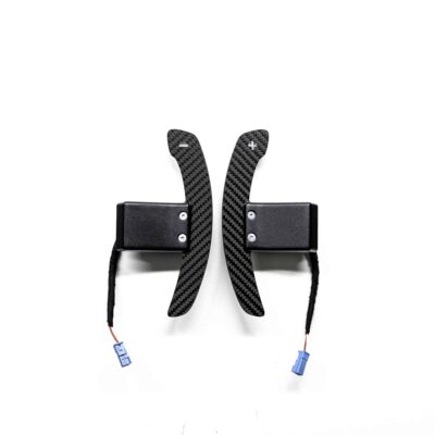 Rear view of the magnetic gloss carbon fiber paddle shifters designed for MINI F series