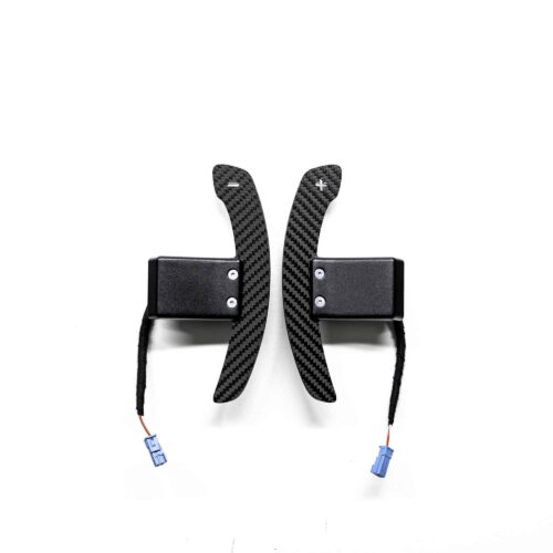 Rear view of the magnetic gloss carbon fiber paddle shifters designed for MINI F series