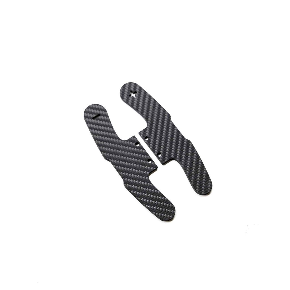 Structured carbon fiber paddle shifters plates for BMW F series models in Motorsport style photographer from a slight angle