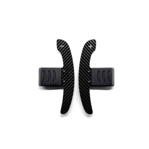 Rear view of the gloss carbon fiber paddle shifters for BMW G Series and Toyota Supra