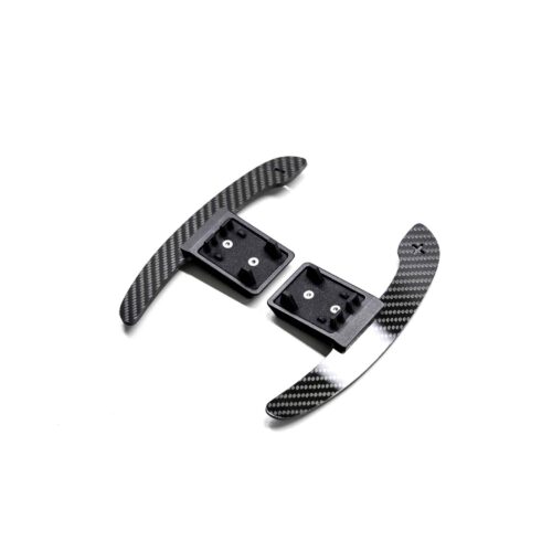 Top three quarter view of the PaddleShifterz Gloss carbon fiber paddle shifters for BMW G Series models photographed on a white background