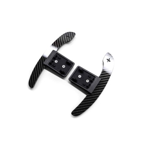 Gloss carbon fiber paddle shifters on a white background shot in an angle