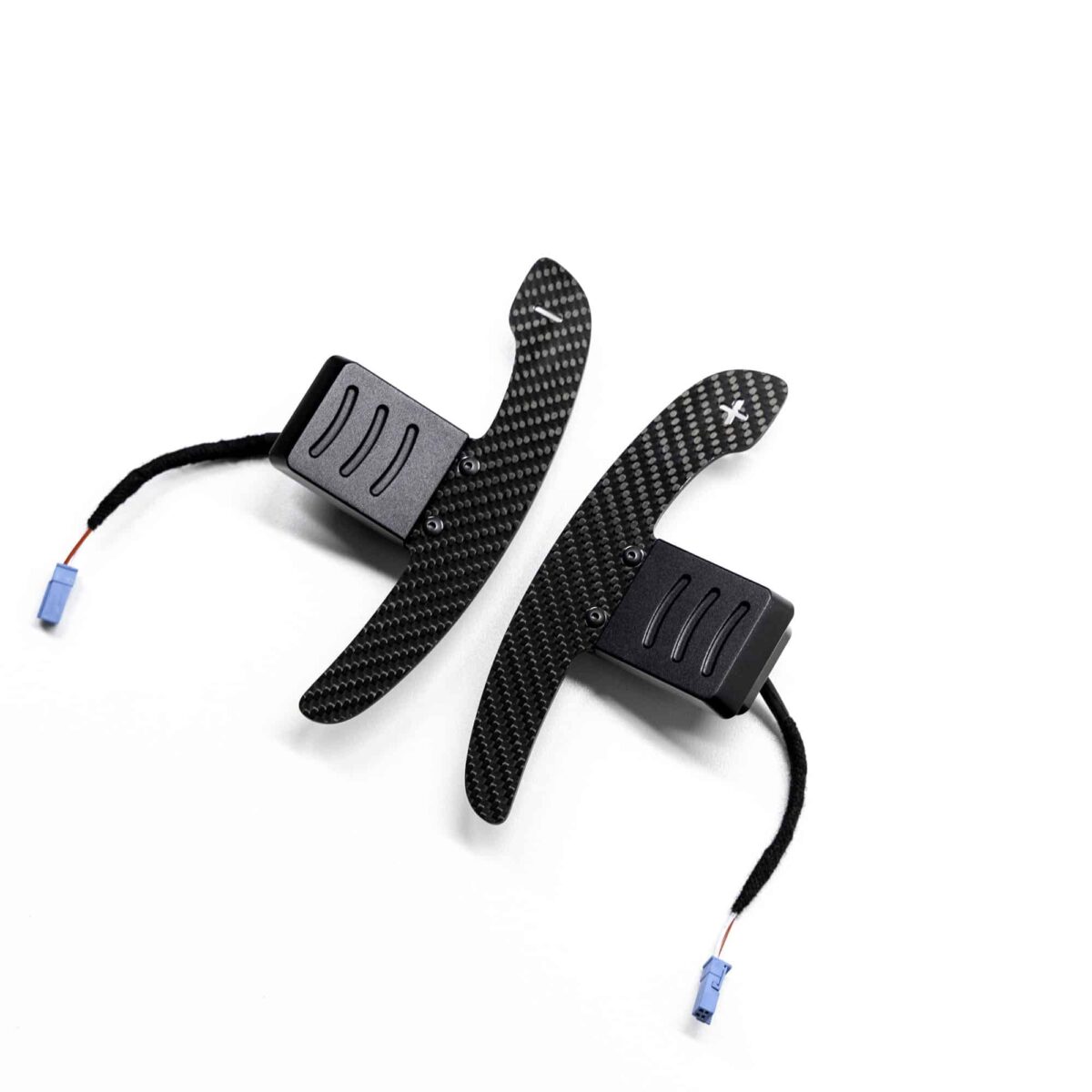 Back, three quart view of the Gloss carbon fiber magnetic paddle shifters
