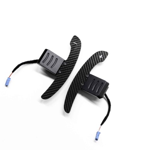 Back, three quart view of the Gloss carbon fiber magnetic paddle shifters