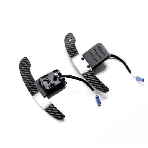 Top-Side view of the gloss carbon fiber magnetic paddle shifters with magnetic components
