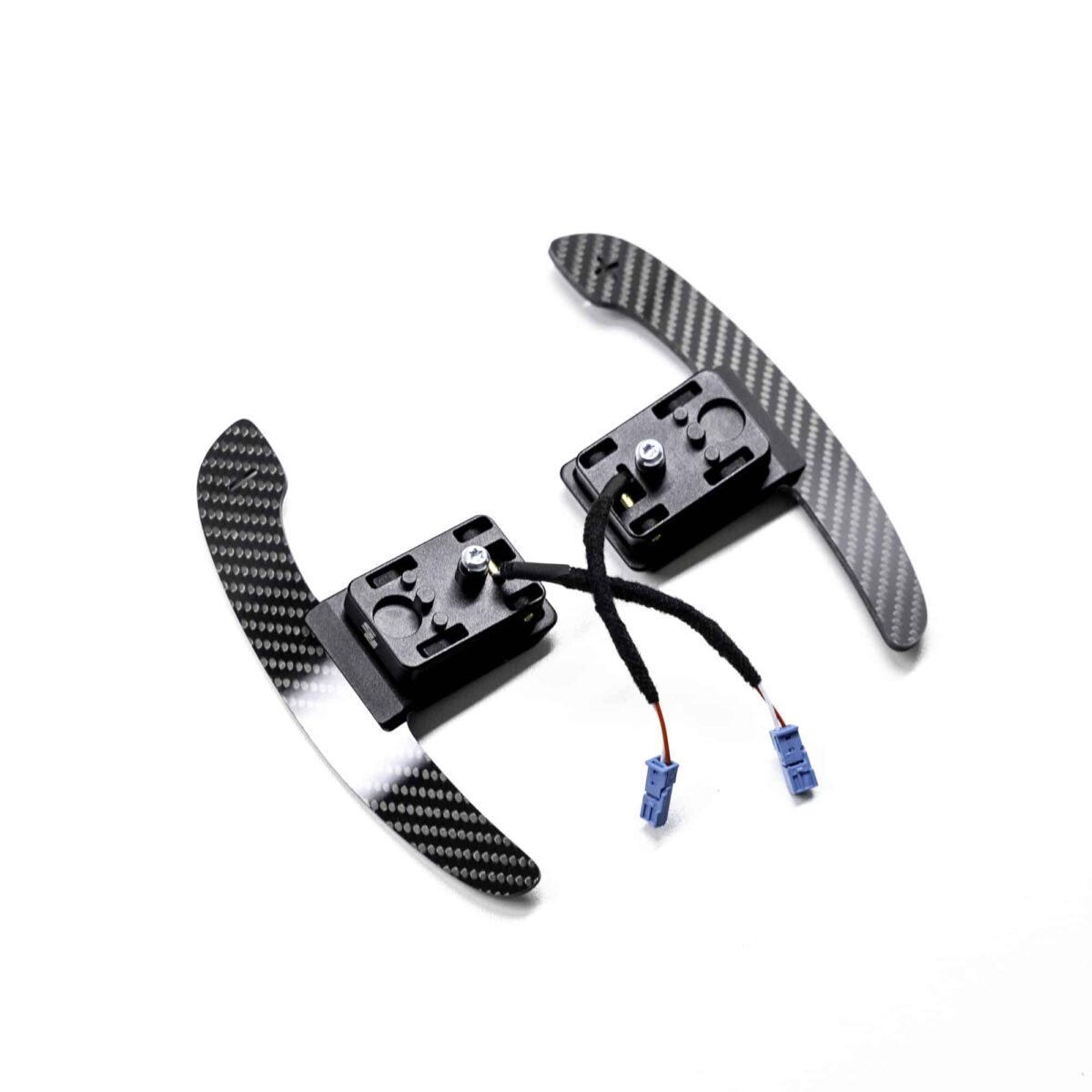 Gloss carbon fiber magnetic paddle shifters shown from the top-side