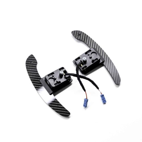 Gloss carbon fiber magnetic paddle shifters shown from the top-side