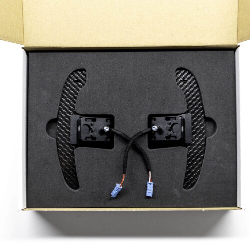 Gloss carbon fiber magnetic paddle shifters in a box with foam insert