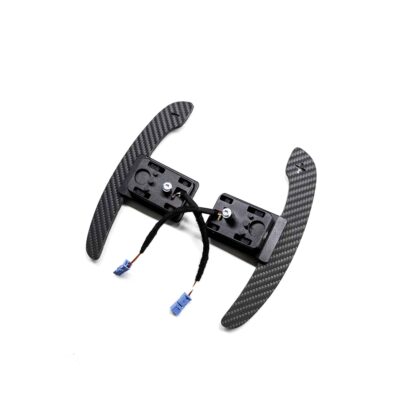 Structured carbon fiber paddle shifters with magnetic components photographed on a white background