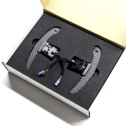 Magnetic paddle shifters in structured carbon fiber in a box with foam insert