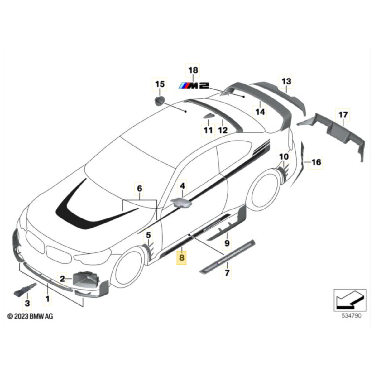 Schema eines BMW G87 M2 mit dem OEM BMW G87 M2 Aufklebersatz, Seitenschweller - 82145A65B79