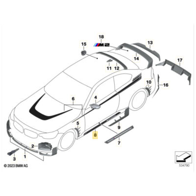 Diagram of a BMW G87 M2 showing the OEM BMW G87 M2 Decal set, side skirts - 82145A65B79