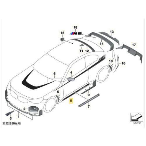 Diagram of a BMW G87 M2 showing the OEM BMW G87 M2 Decal set, side skirts - 82145A65B79