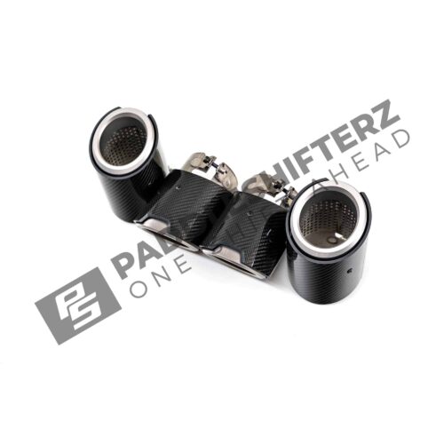 OEM BMW M performance carbon, titanium exhaust tip G90 G99 M5 18305B35D87 two pipes laid flat side view