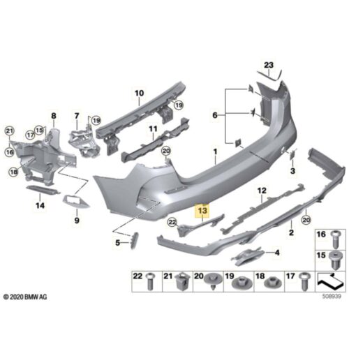 Diagram of OEM BMW bracket covers exhaust tailpipe for F44 GranCoupe