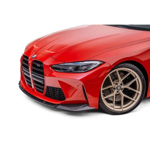 Front view of a red G80 M3 with Sterckenn Carbon fiber front lip, spoiler for G8X M3
