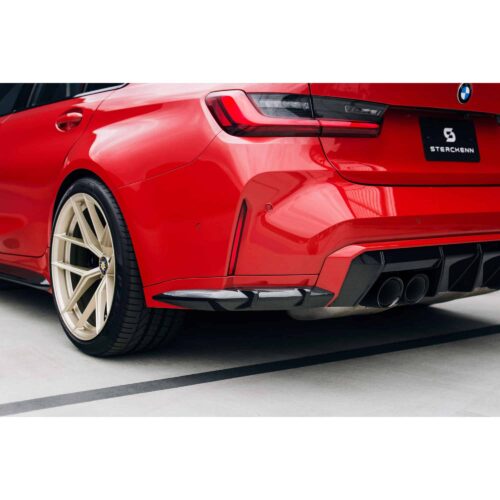 Rear view of Sterckenn Carbon fiber rear bumper inserts for G8X M3