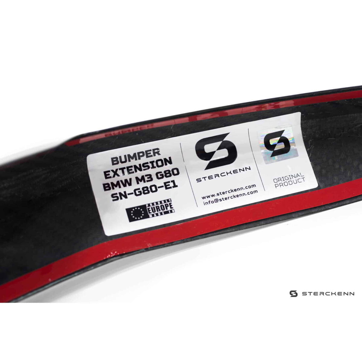 Close up of the label of Sterckenn Carbon fiber rear bumper inserts for G8X M3