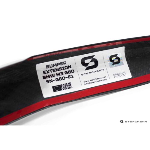 Close up of the label of Sterckenn Carbon fiber rear bumper inserts for G8X M3