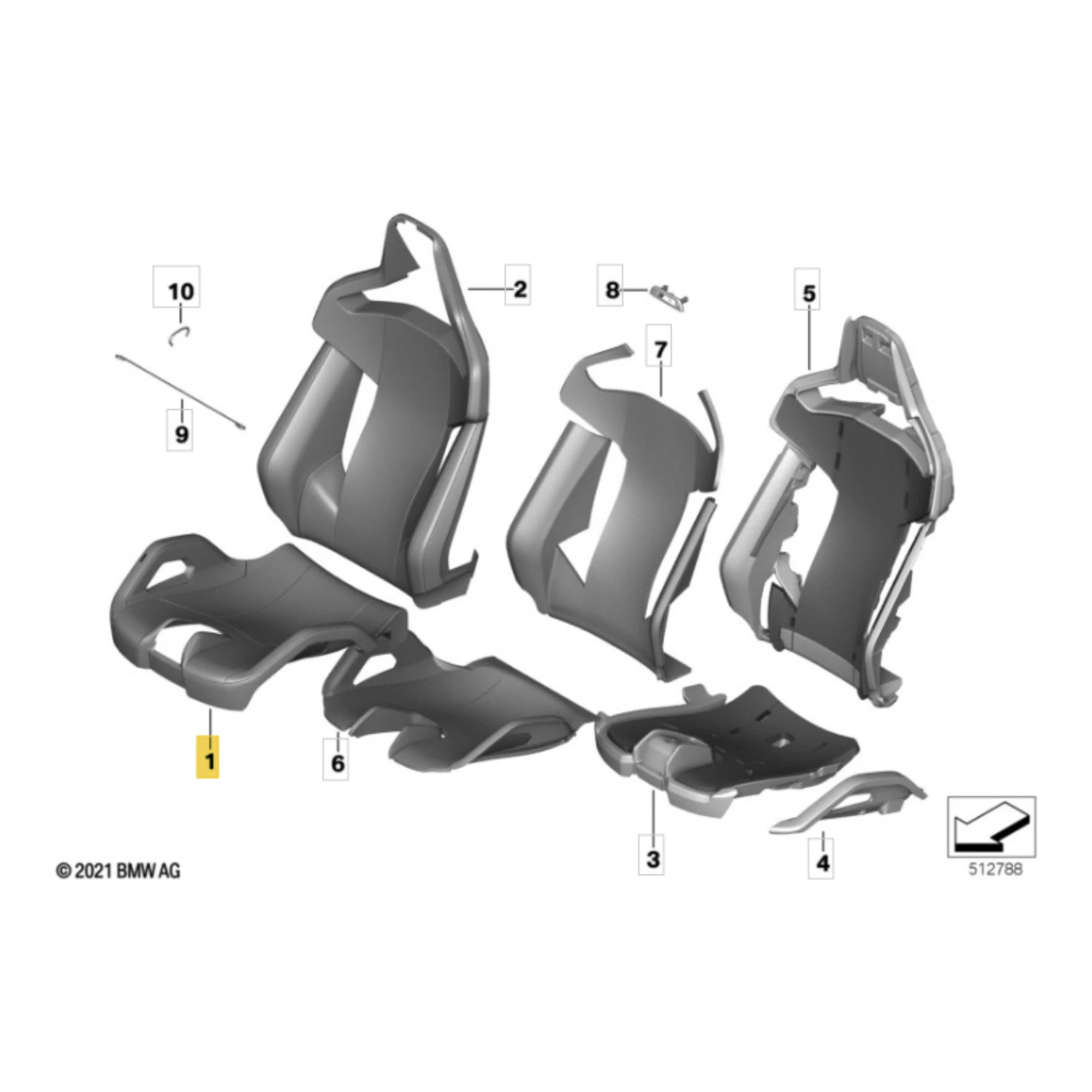 BMW M carbon bucket seat parts diagram, item 1 = seat base cover 52108087903