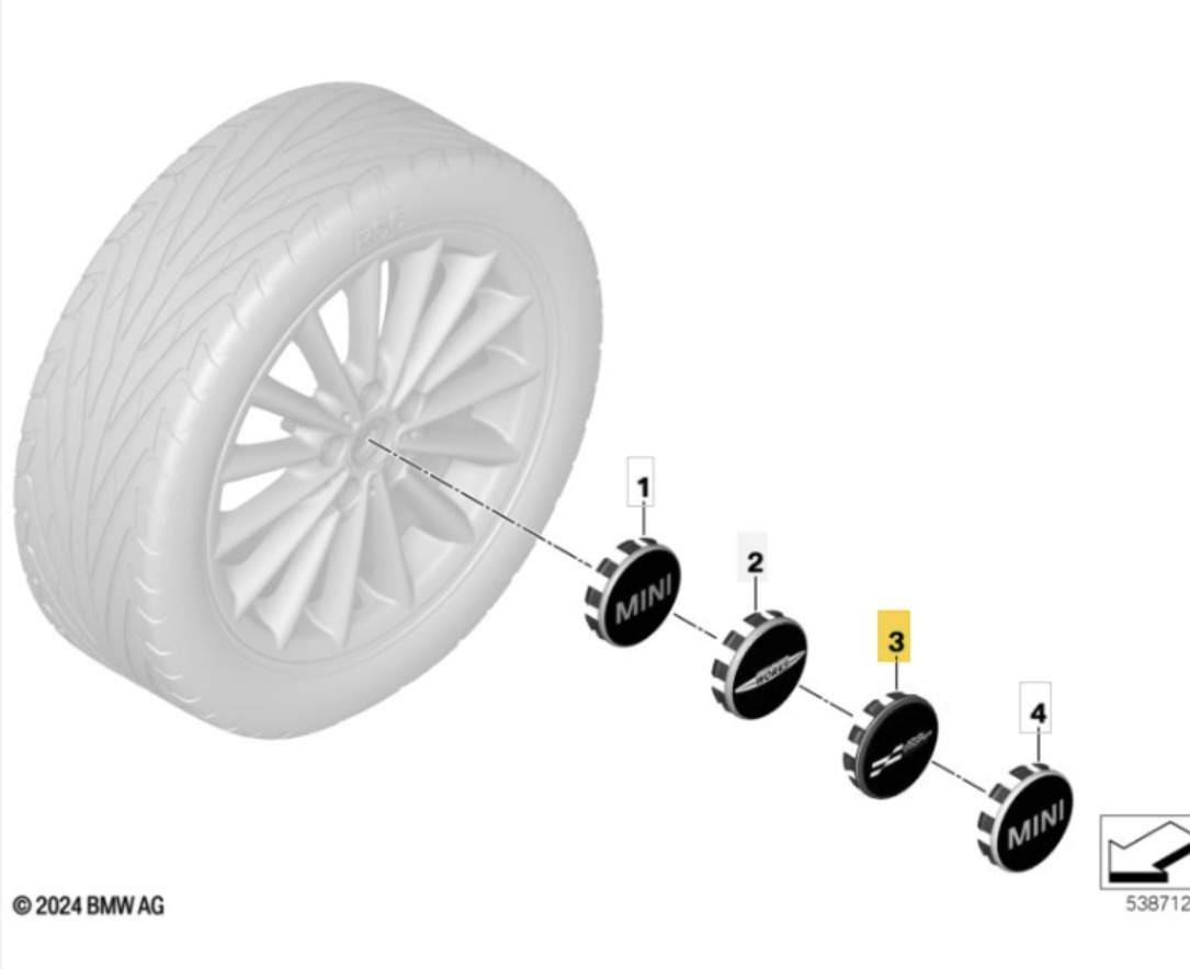 MINI fixed hub caps parts diagram 538712 with JCW and MINI Vibrant Silver caps